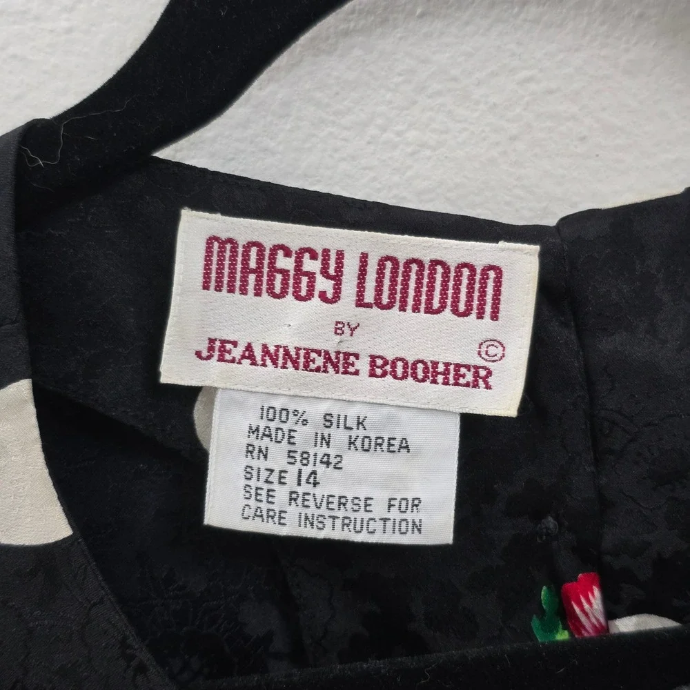 Vintage Maggy London Silk Polka Dot Floral Ruffle Dress Shoulder Pads Black 14 - Picture 8 of 8